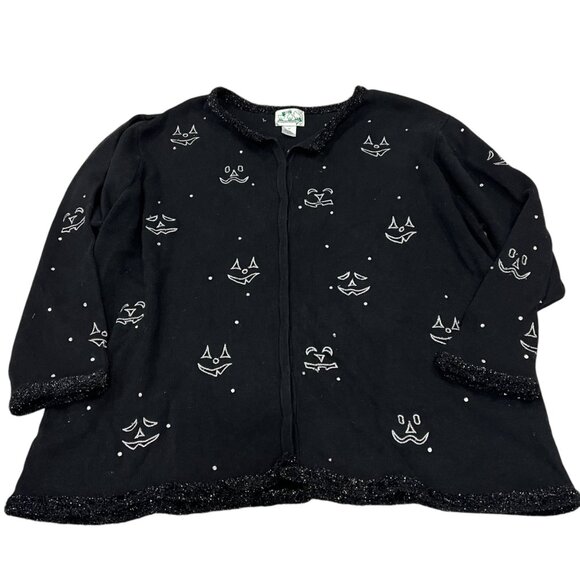 Halloween Black Cardigan Sweater With Pumpkin Faces & Glitter Trim 3X The Quacke - Picture 1 of 4